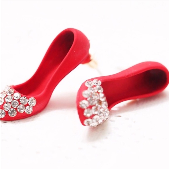 🔆 Red Heel Shoe Earrings with Crystal Rhinestones - Picture 2 of 5